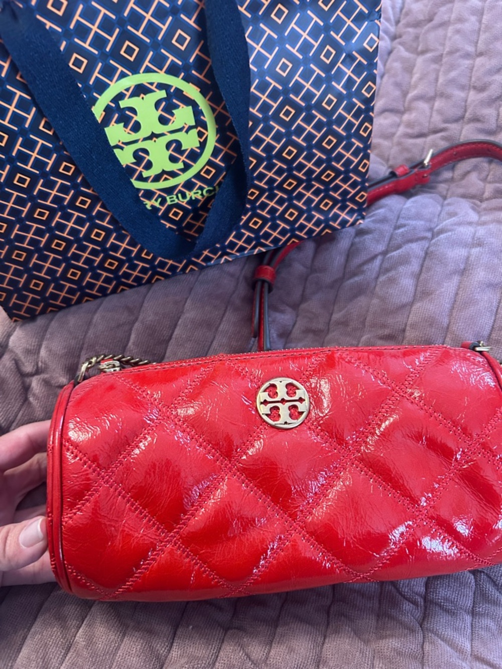 Tory Burch Red Quilted Patent Leather Crossbody Barrel Bag